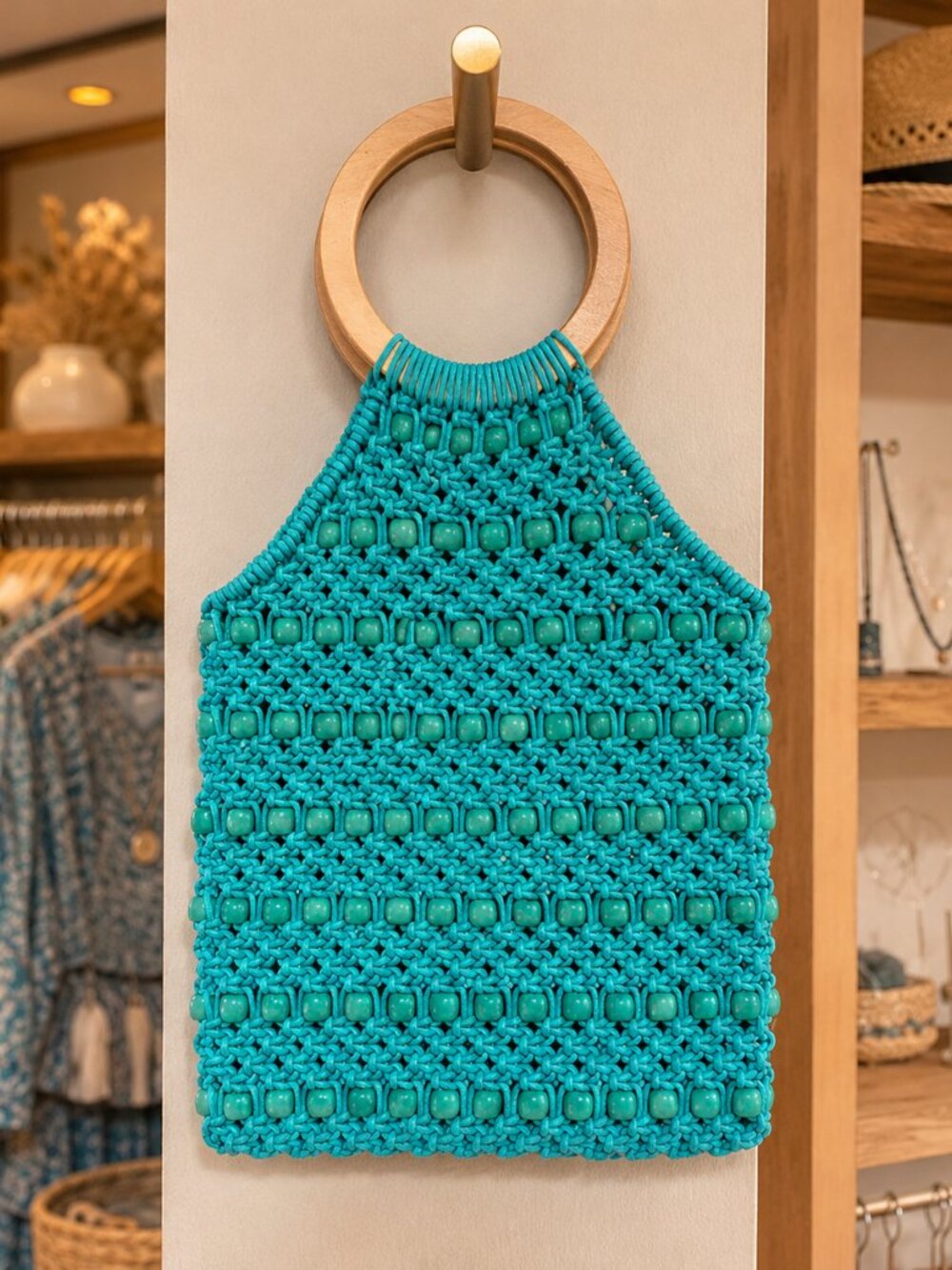 Green Turquoise Macrame Crochet Knit Beaded Boho Wood Handle Tote Handbag - Picture 2 of 5